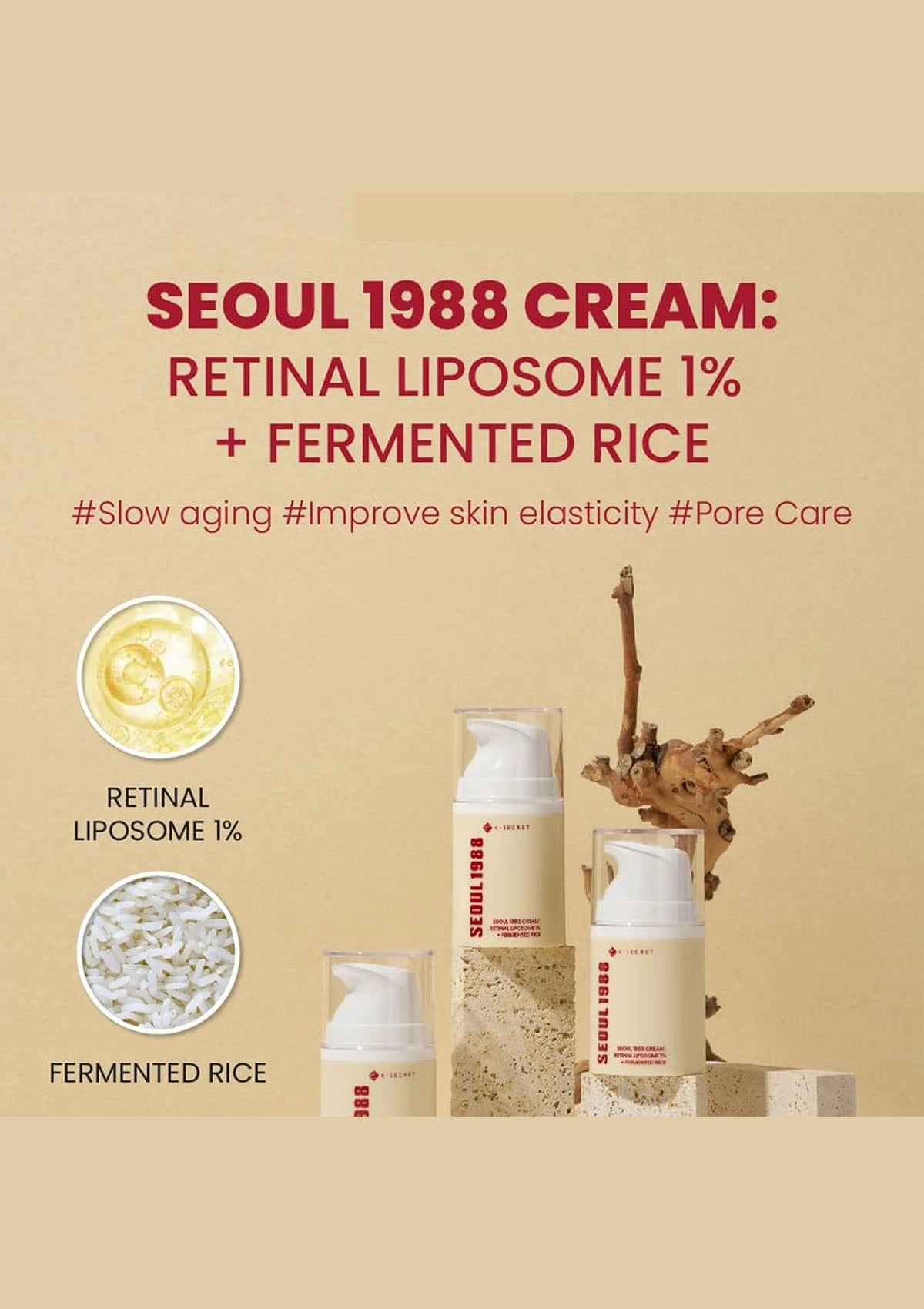 Advertisement for Seoul 1988 Cream with product packaging and ingredients on a beige background.